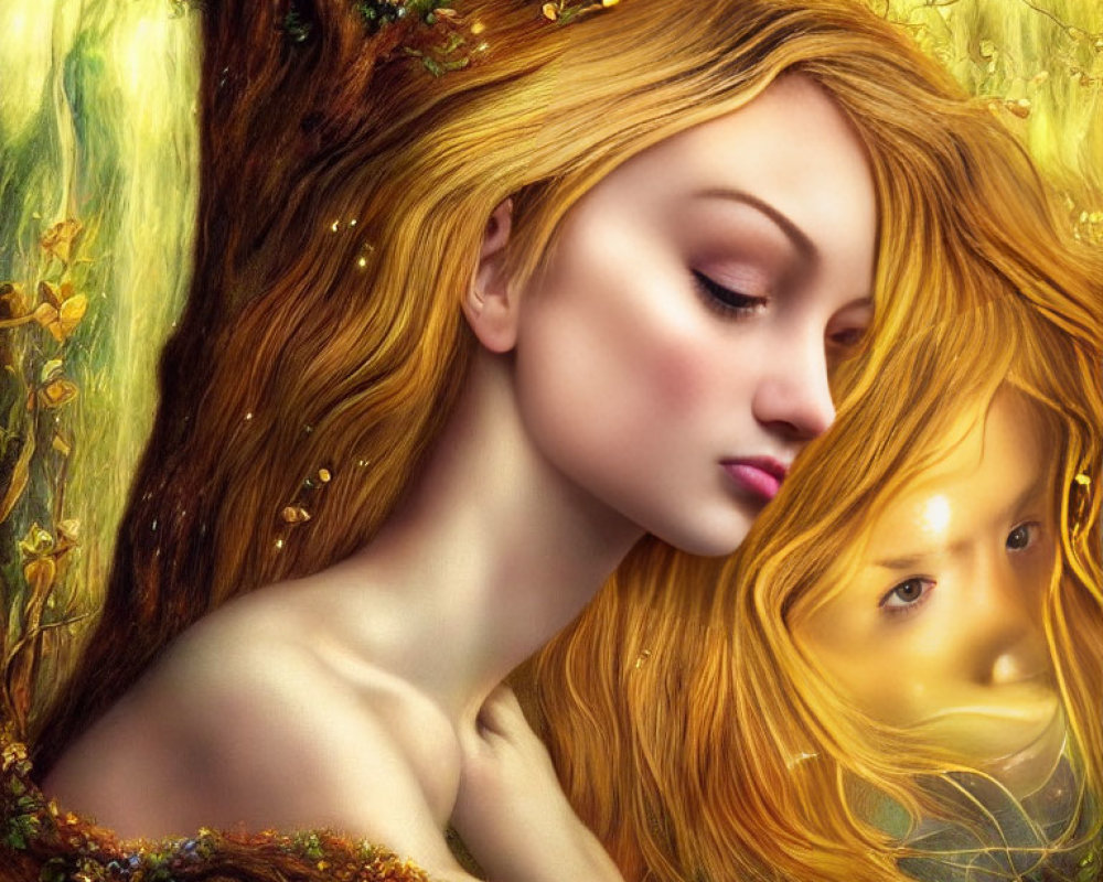 Fantasy Artwork: Woman with Golden Hair Blended into Tree Roots