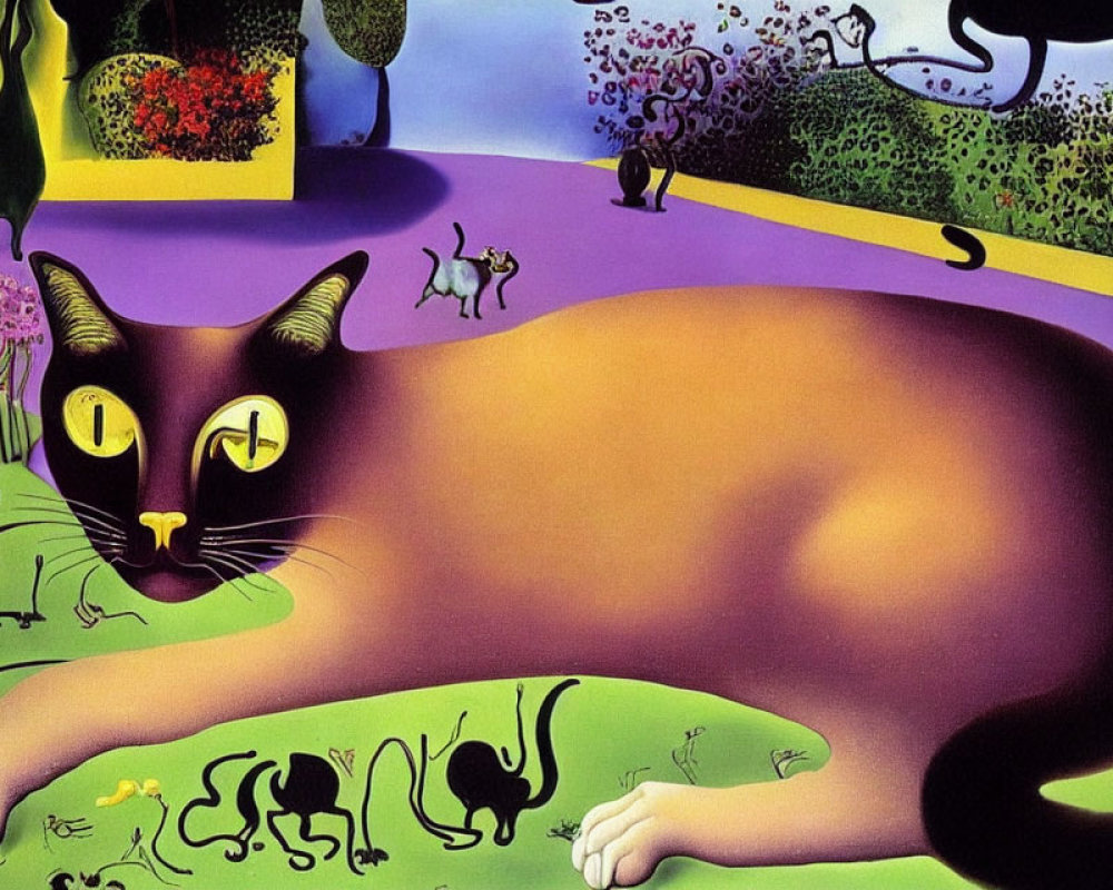 Surrealist artwork of oversized cat with yellow eyes in vibrant landscape