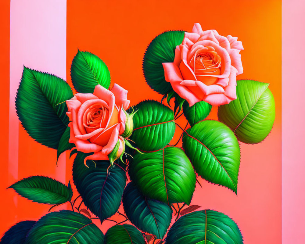 Digital Artwork: Two Pink Roses on Pink and Orange Background