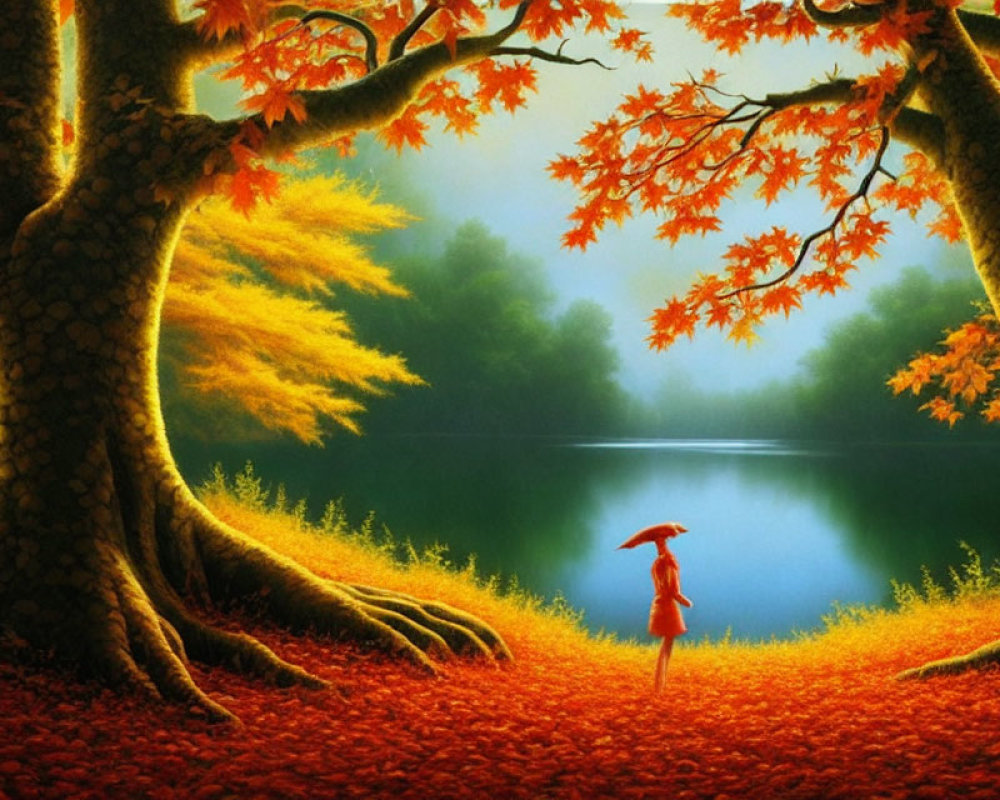 Person with Red Umbrella Surrounded by Autumn Foliage and Lake