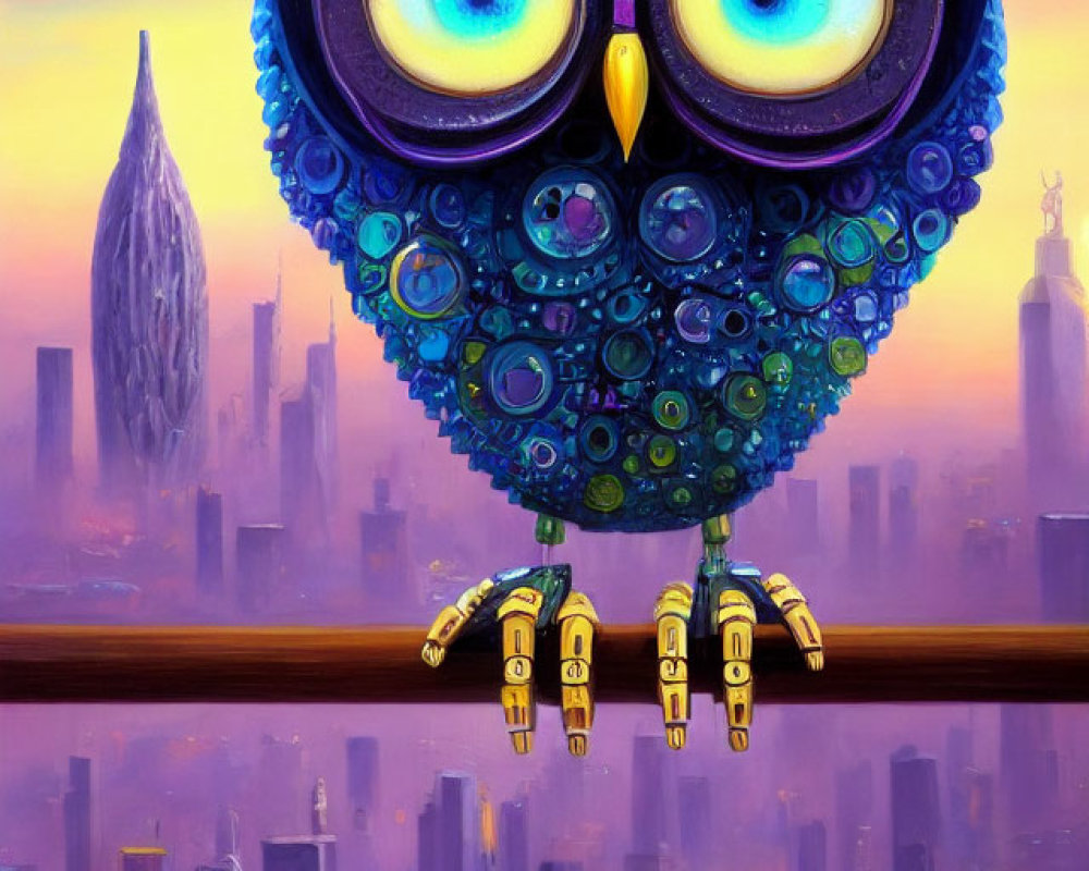 Vivid blue-eyed owl on branch above cityscape at dusk