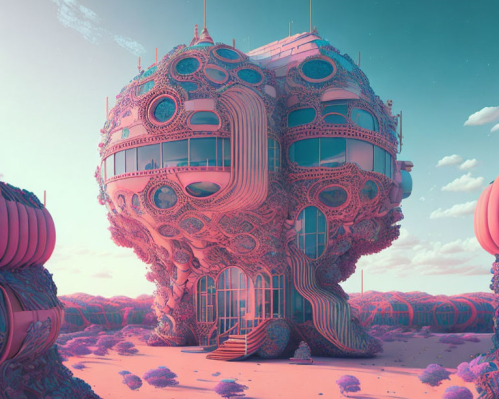 Surreal pink landscape with intricate organic building and crescent moon