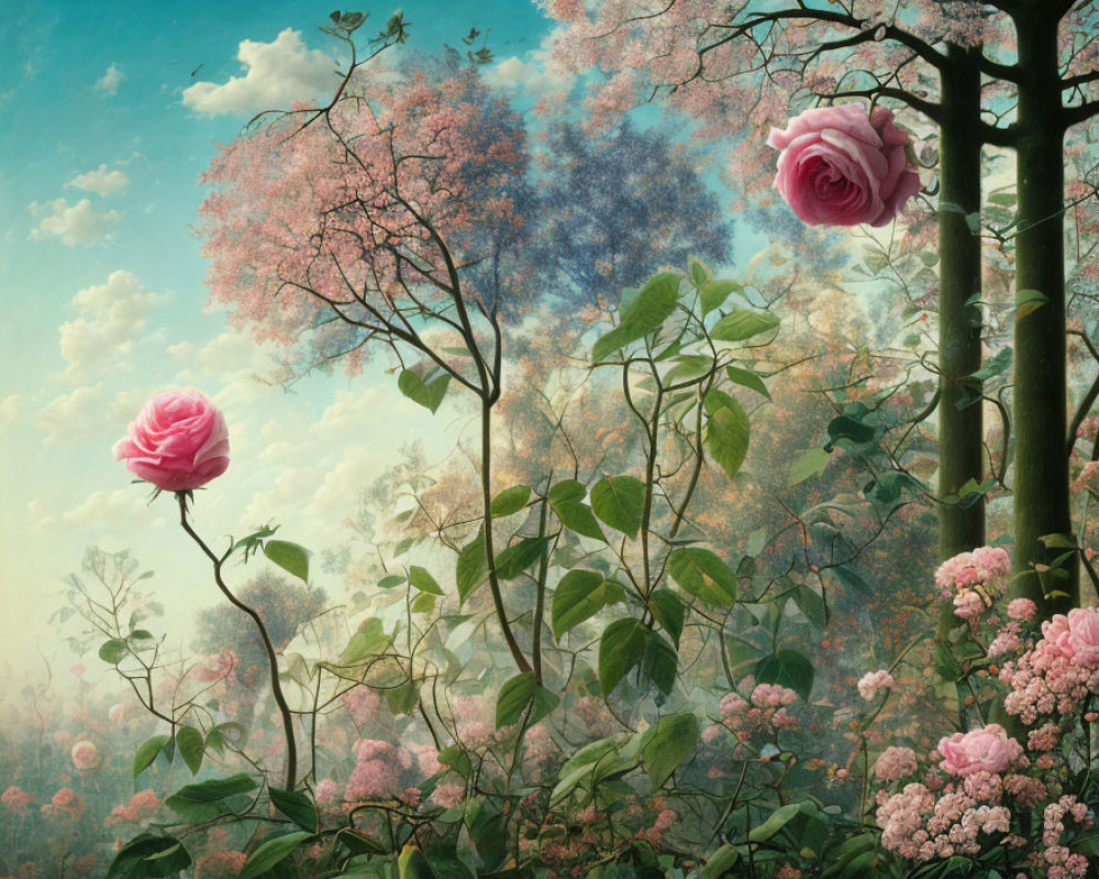 Surreal landscape with oversized pink roses and lush pink-hued forest under blue sky