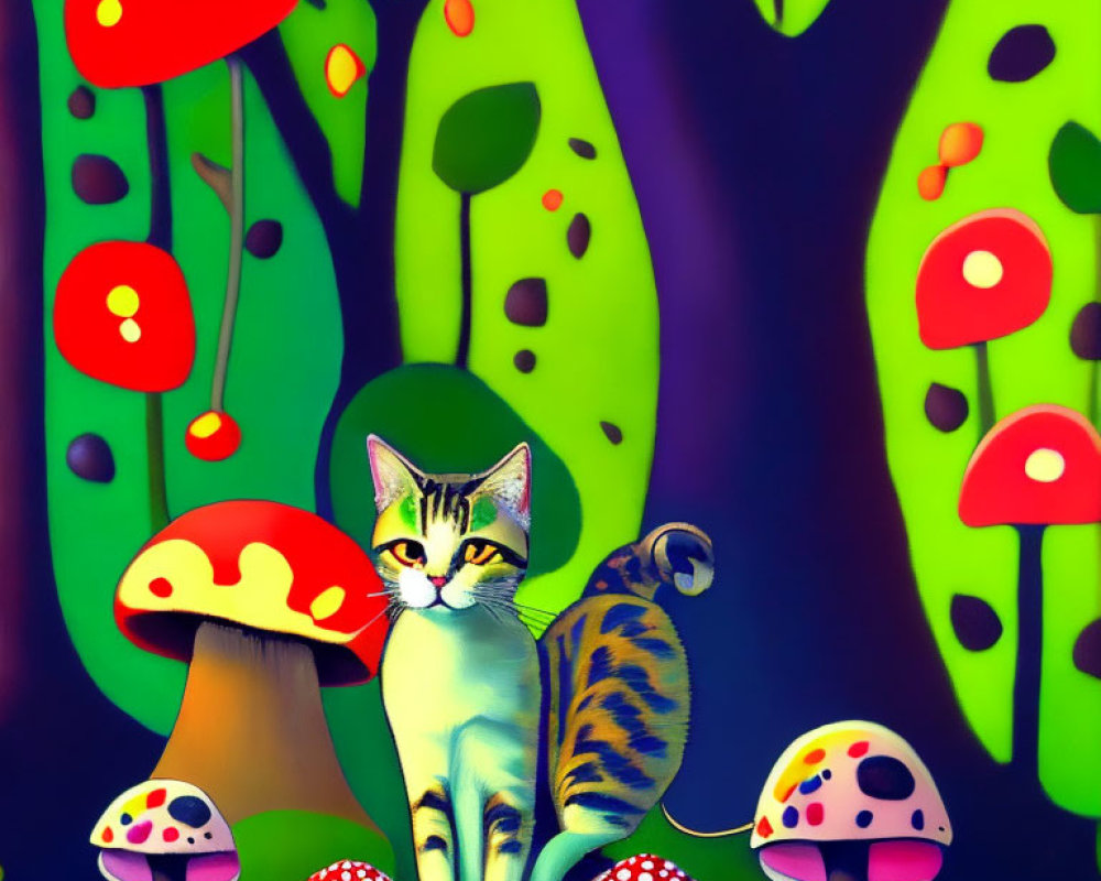 Vibrant Tabby Cat Among Red-Capped Mushrooms and Foliage