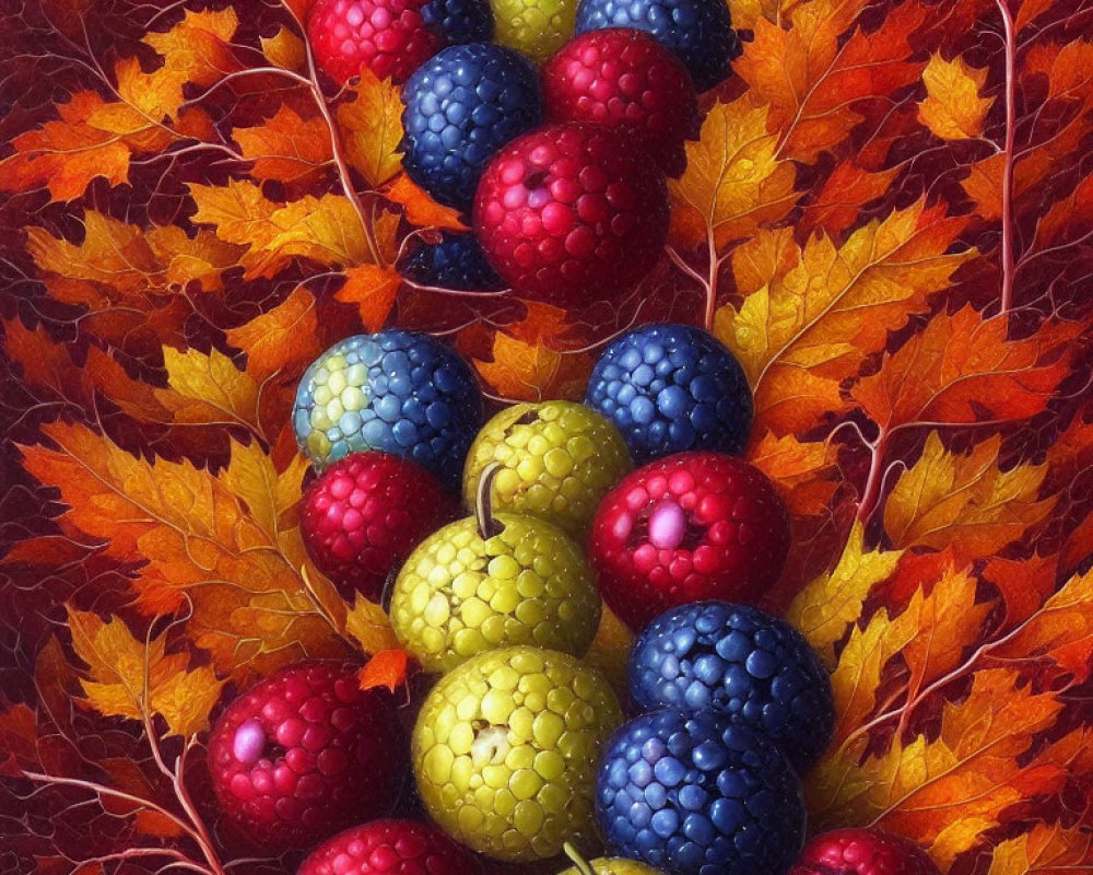 Vibrant autumn fruits among colorful leaves