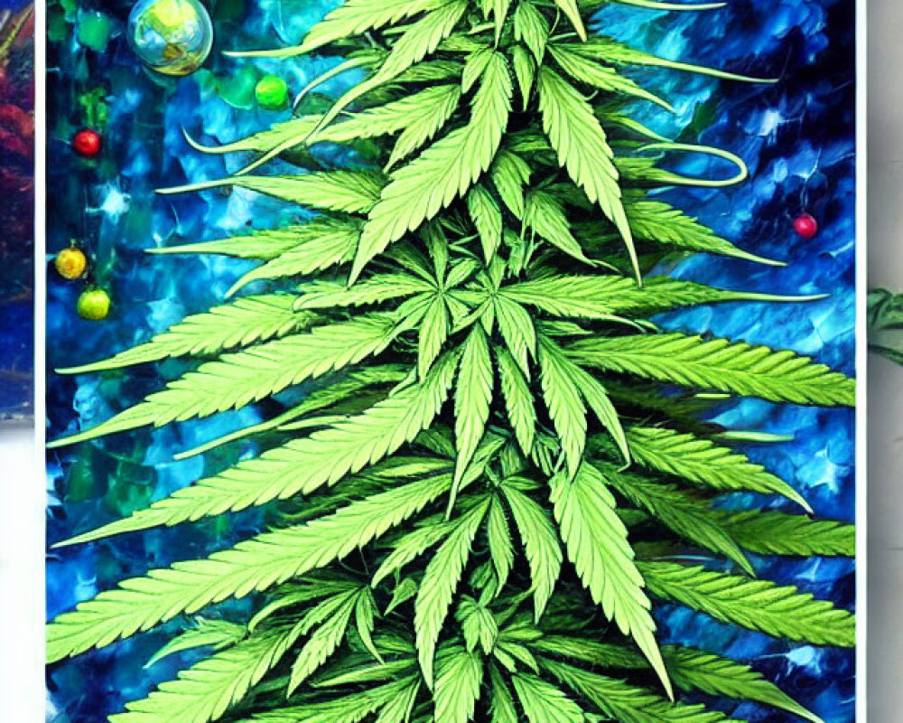 Colorful Cannabis Leaf Art on Blue Mosaic Background with Glass Bubbles