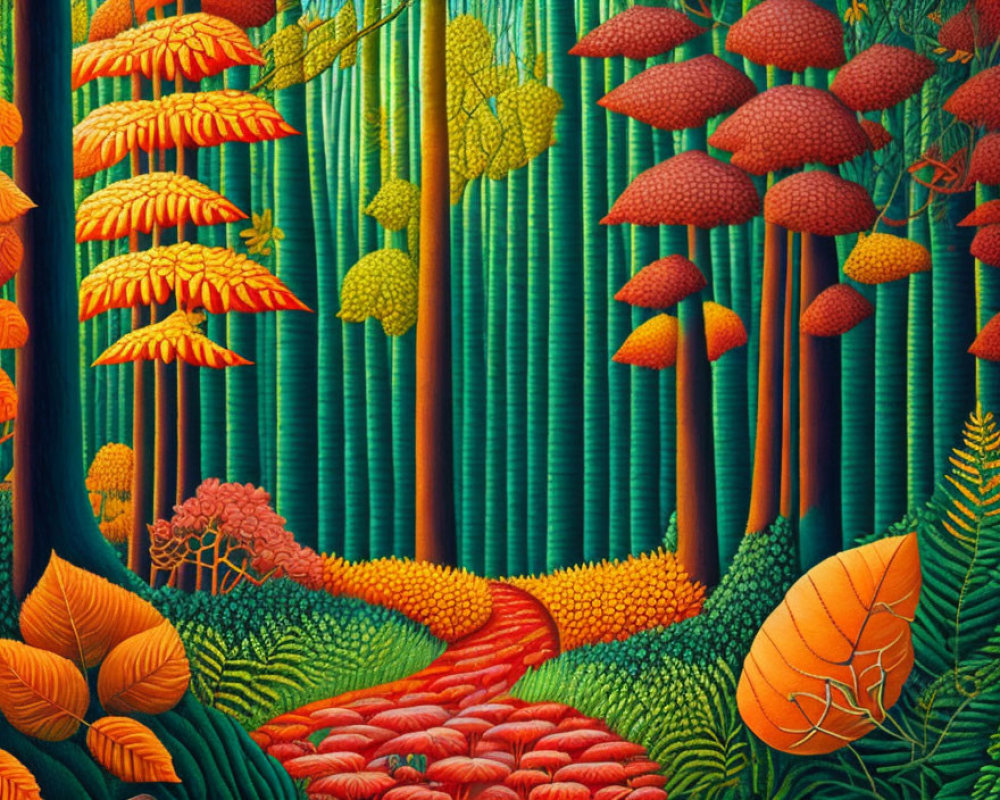 Colorful Fantasy Forest with Giant Mushrooms and Orange Pathway