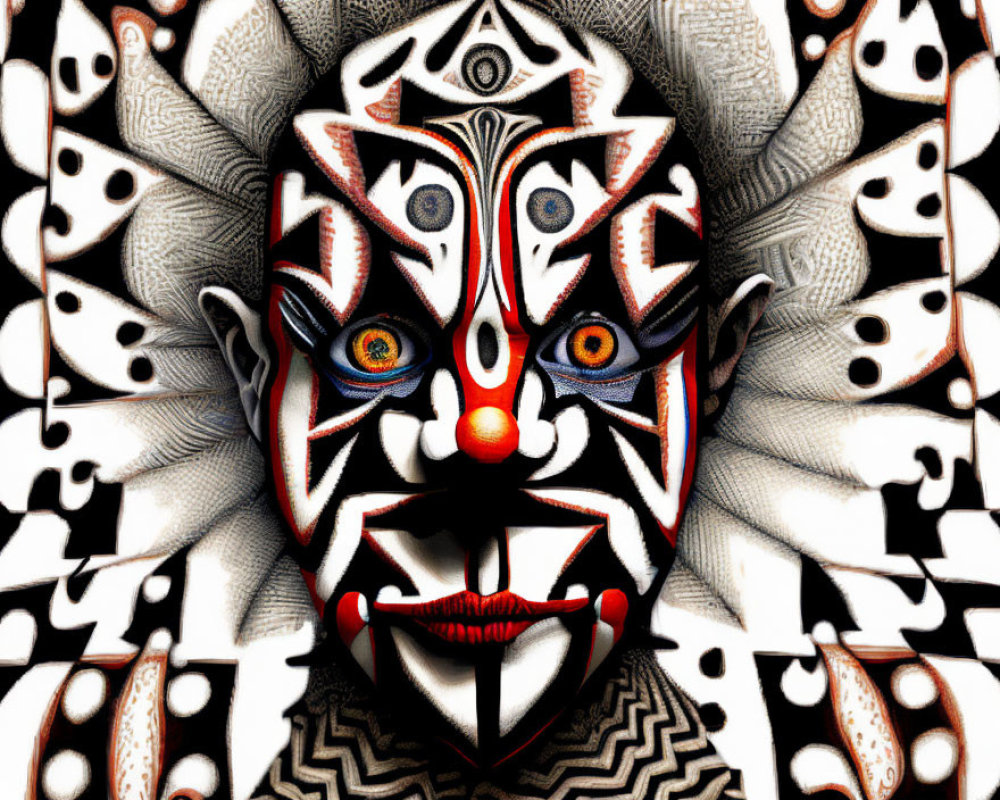 Colorful multi-eyed tribal mask on fractal background