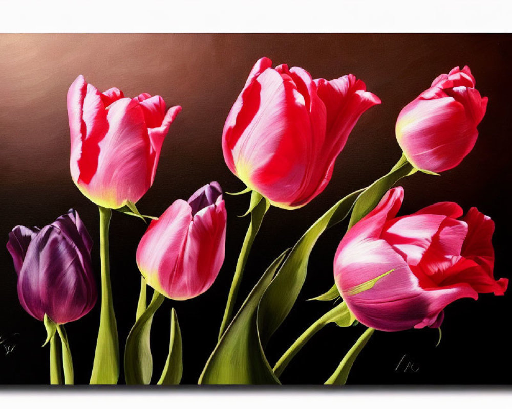 Vibrant Pink Tulips Painting with Dark Background