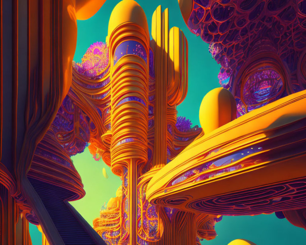 Abstract futuristic digital artwork: Vibrant orange and purple structures on blue sky