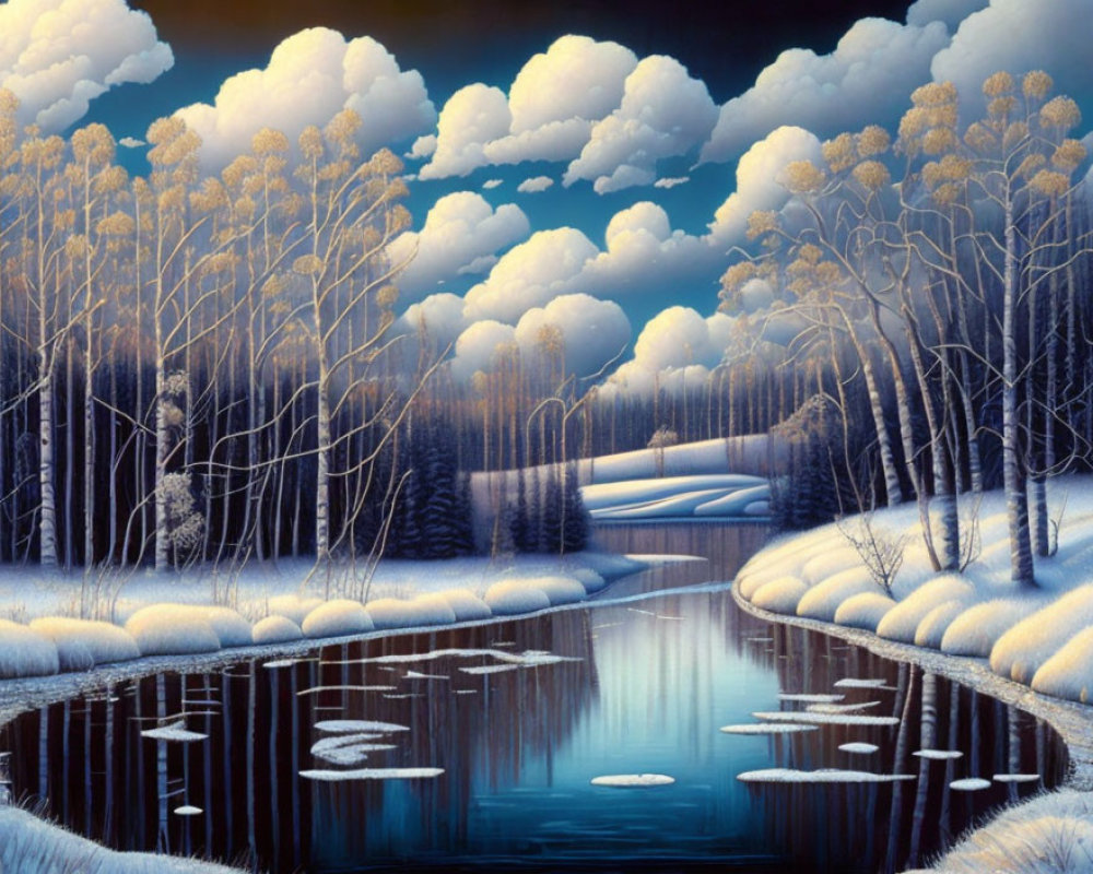 Snow-covered trees and serene river in surreal landscape.