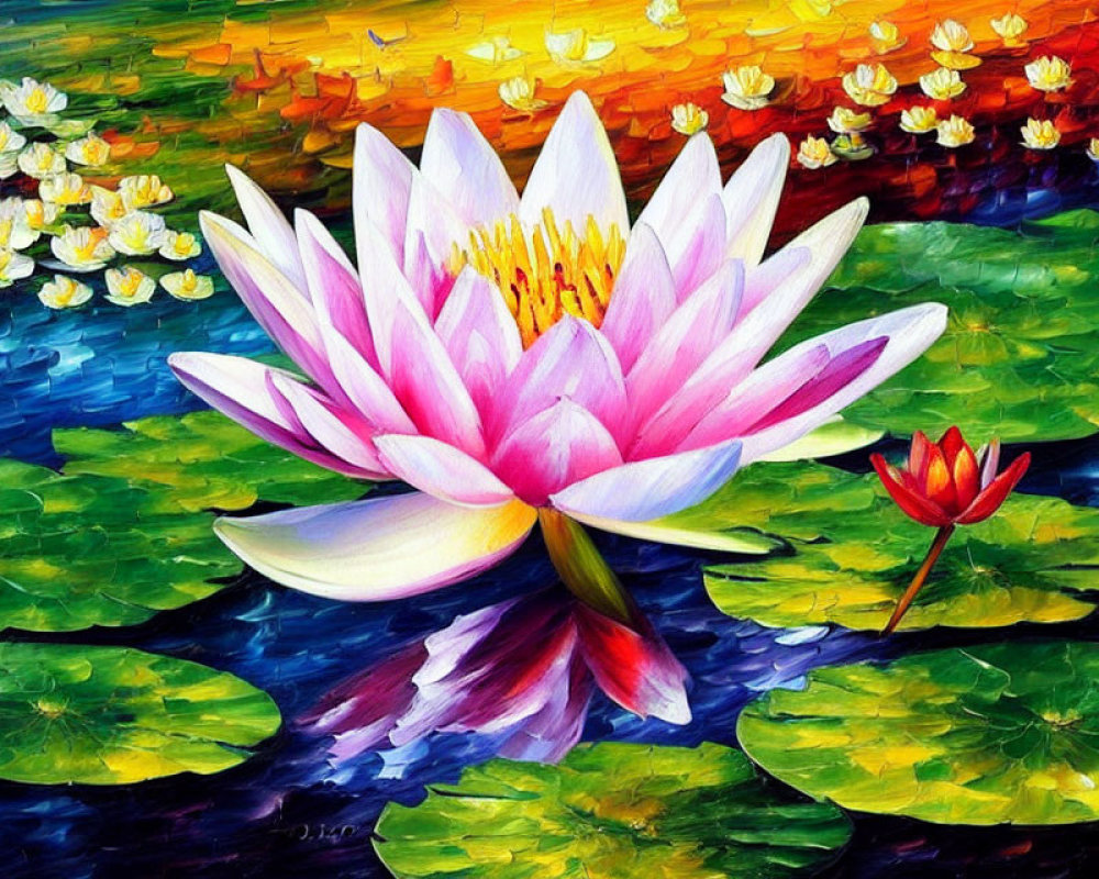 Colorful Lotus Flower Painting on Serene Pond