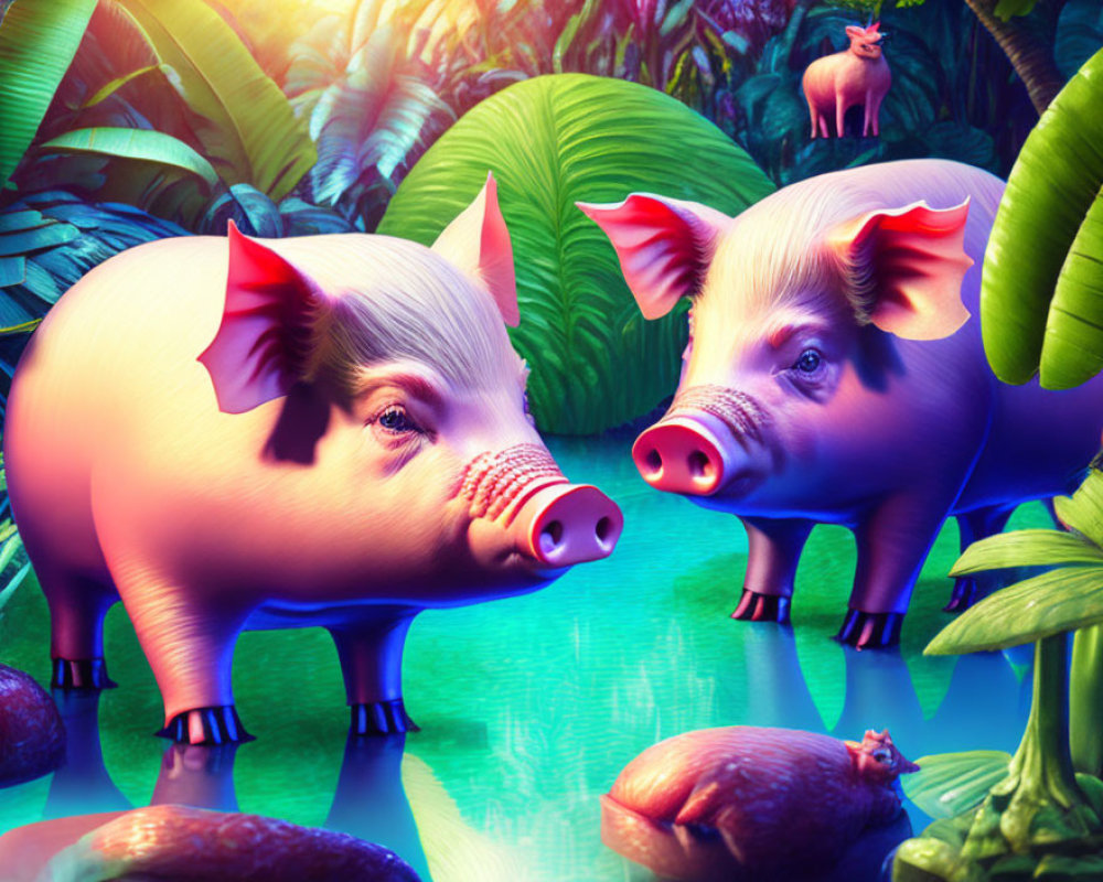 Stylized pigs in vibrant jungle with reflective water