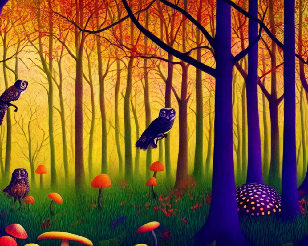 Colorful forest scene with owls, mushrooms, and twilight ambiance