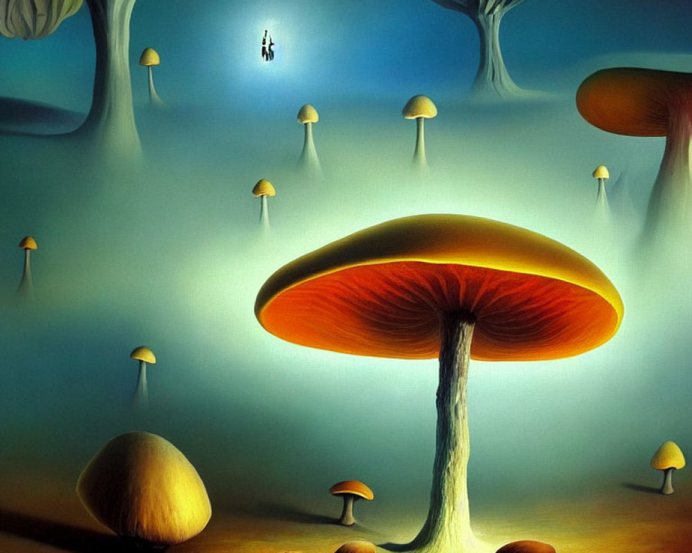 Surreal landscape featuring oversized mushrooms and tiny humanoid figures.