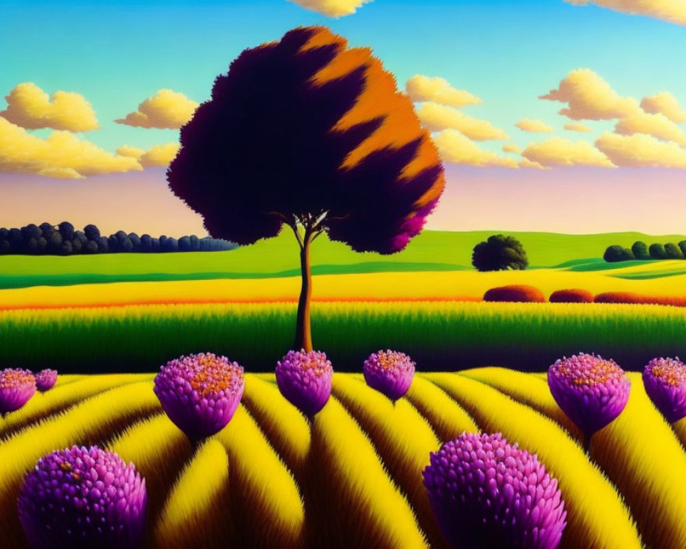 Colorful Landscape with Solitary Tree, Rolling Hills, Purple Flowers, and Fluffy Clouds