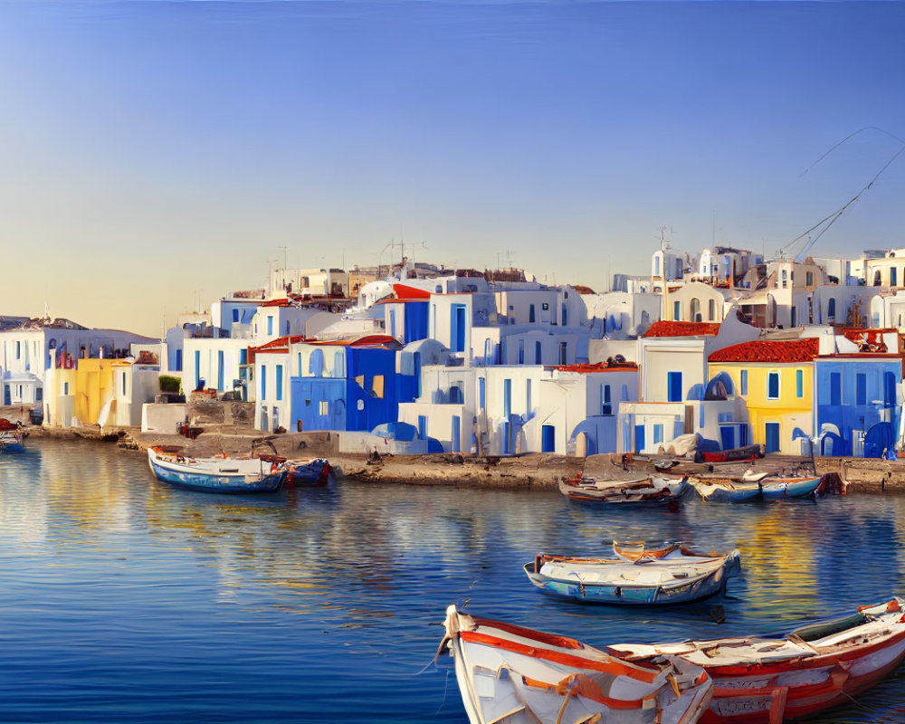 Traditional Greek harbor with white and blue buildings, boats, calm water