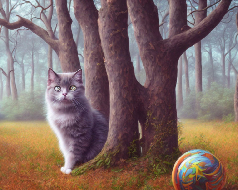 Grey and White Cat in Misty Forest with Colorful Ball and Twisted Trees