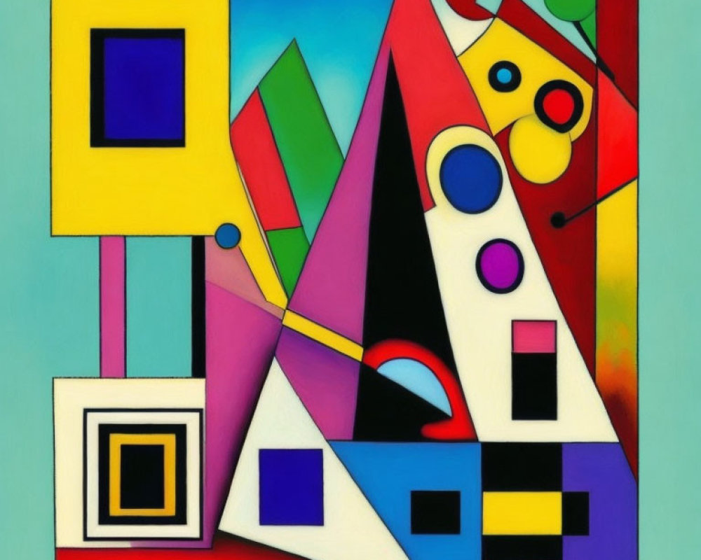 Vibrant abstract geometric painting with circles, triangles, and squares