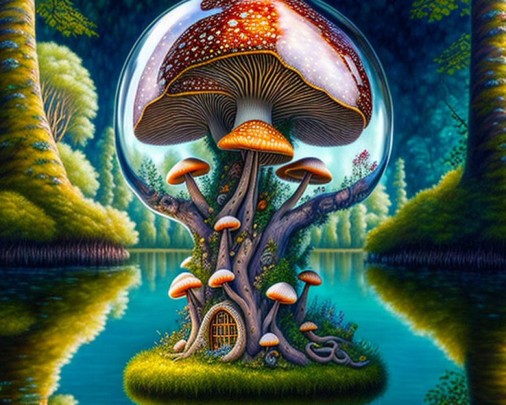 Surreal giant mushroom with door and windows by reflective lake