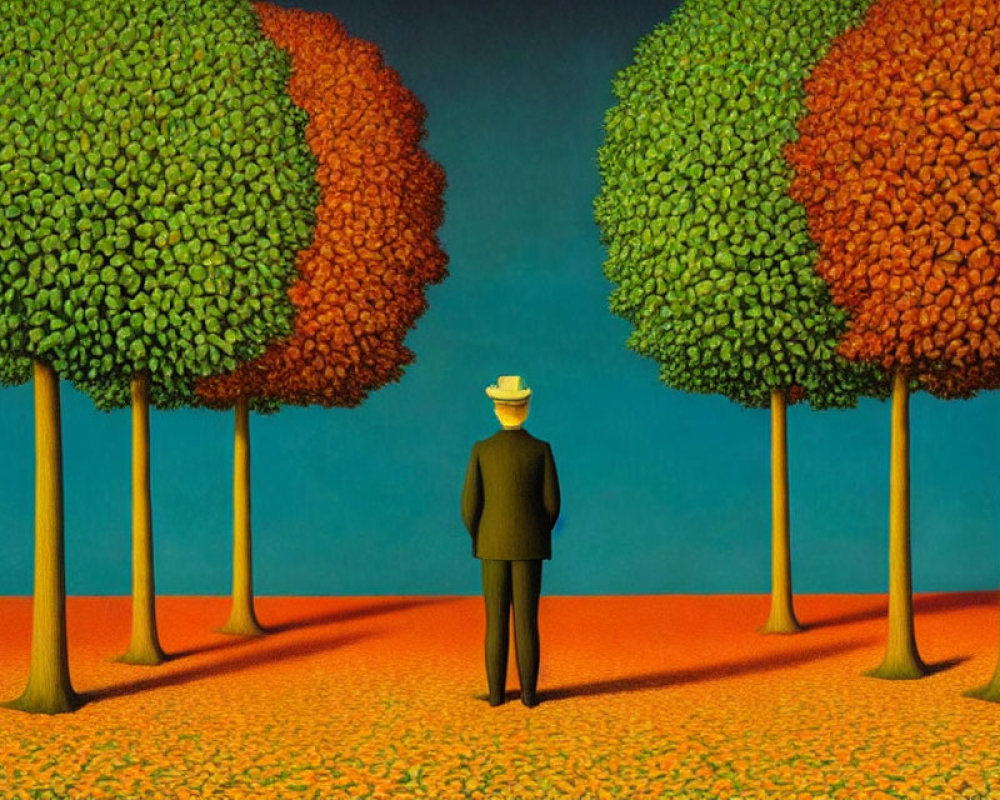 Person in suit and hat between colorful trees on orange ground.