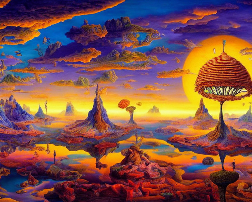 Fantastical landscape with floating islands and large sun structure