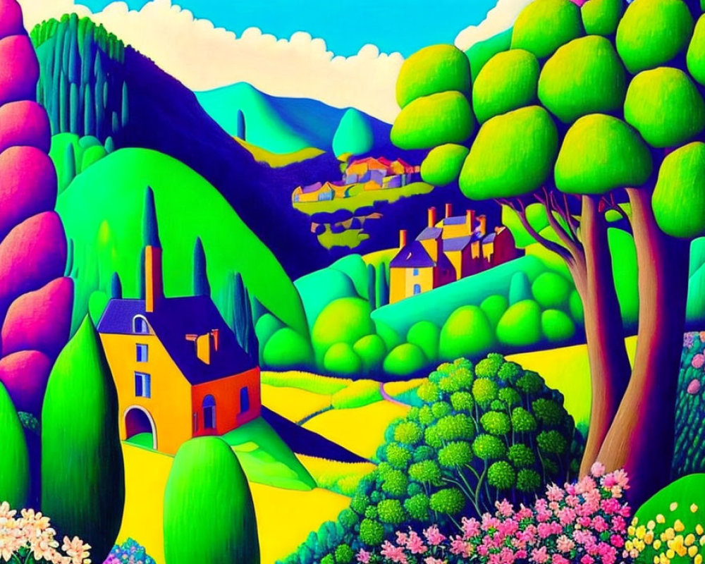 Colorful Landscape Painting with Curving Hills and Quaint Houses