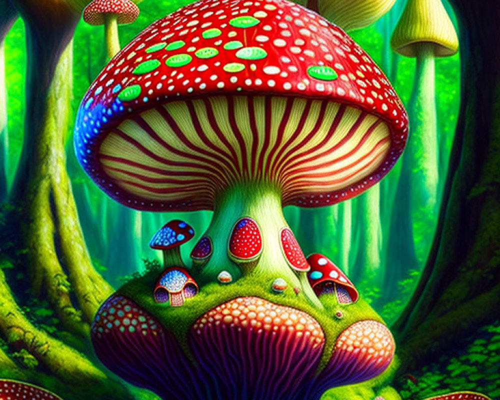 Fantasy forest scene with oversized, whimsical mushrooms and luminous green trees