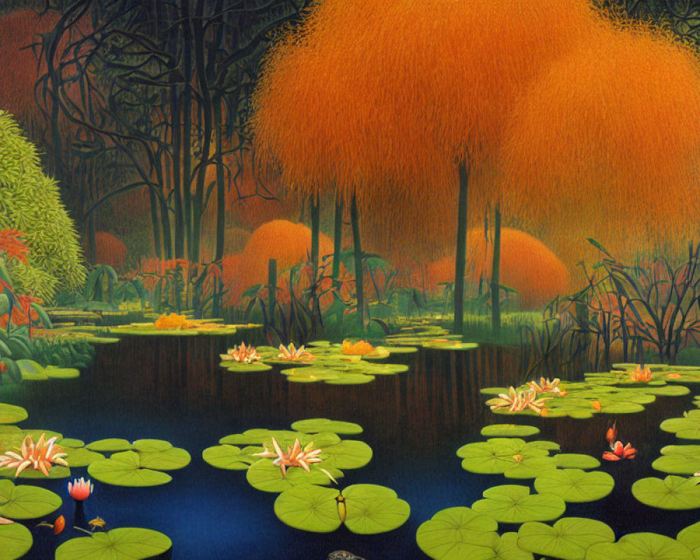 Tranquil pond with vibrant water lilies and lush trees in various shades