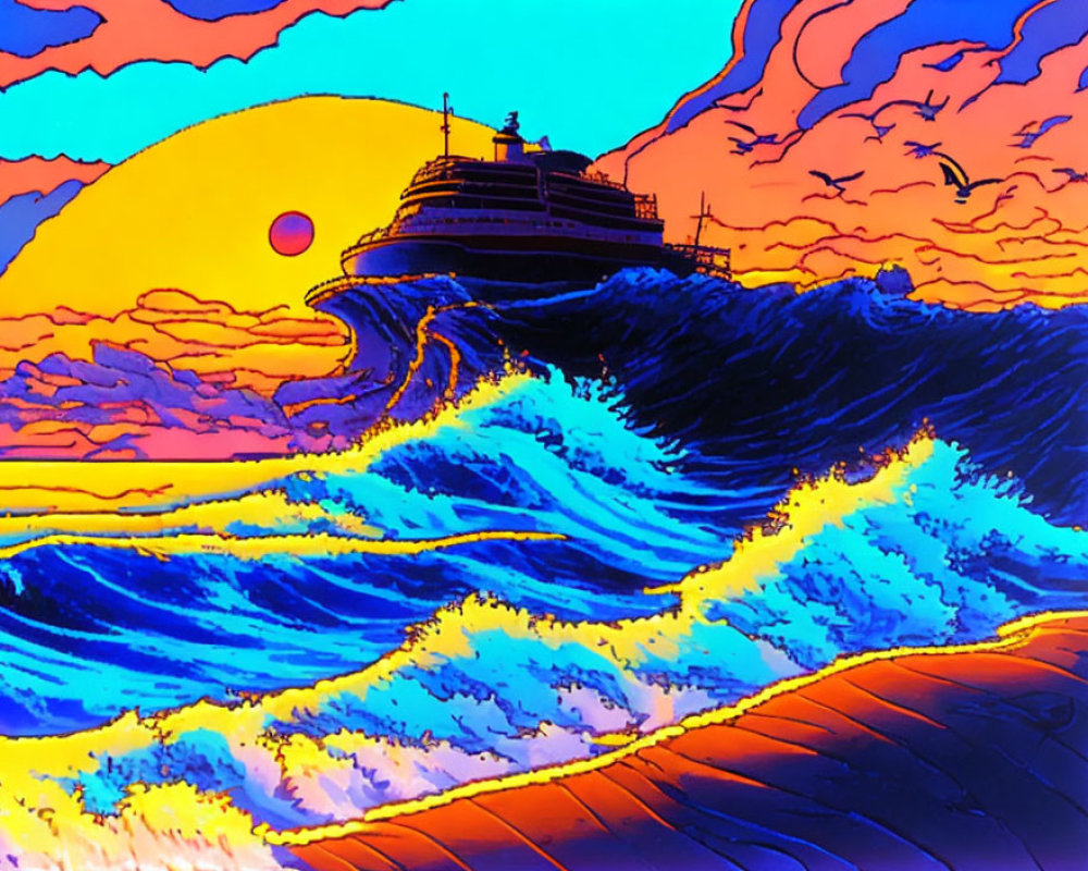 Colorful illustration of large ship on ocean waves at sunset