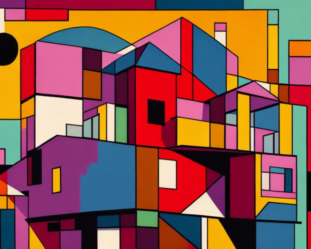 Abstract geometric painting: vibrant multicolored shapes against solid background