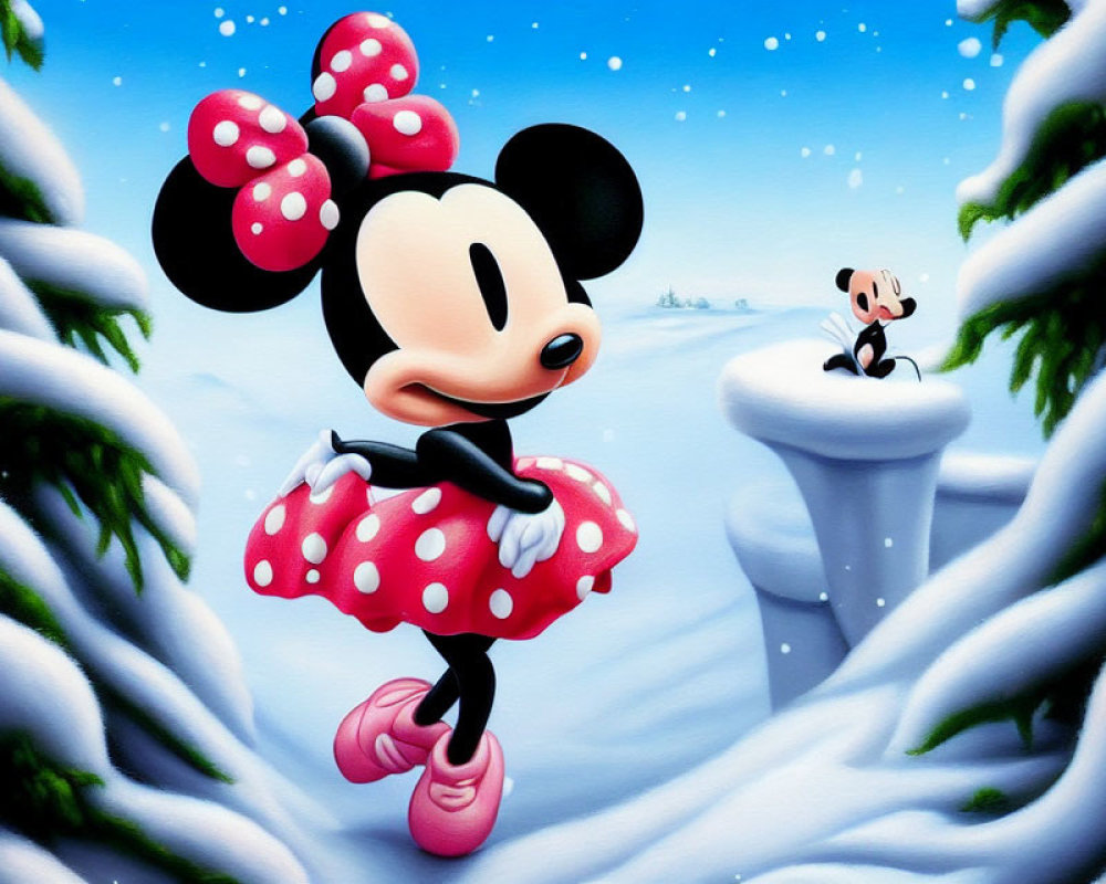 Female mouse character in red polka dot dress on snowy landscape with smaller mouse on distant hill under blue