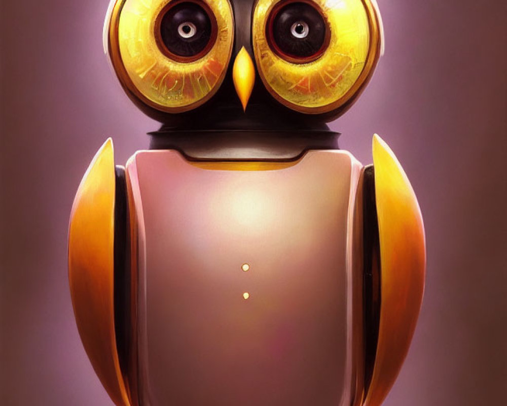 Robotic owl illustration with expressive eyes and metallic feathers