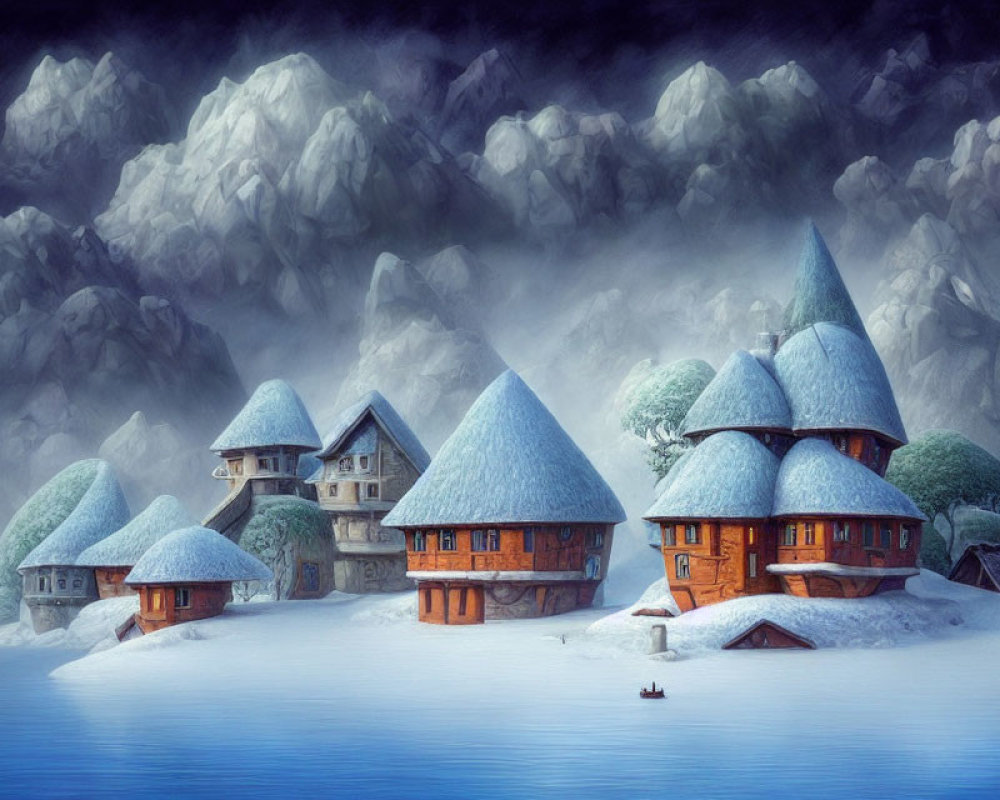 Snow-covered cottages by calm lake in misty mountains with figure rowing boat