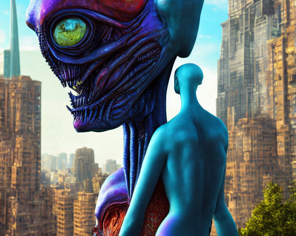 Colorful alien creature with one large eye and blue humanoid figure in futuristic cityscape