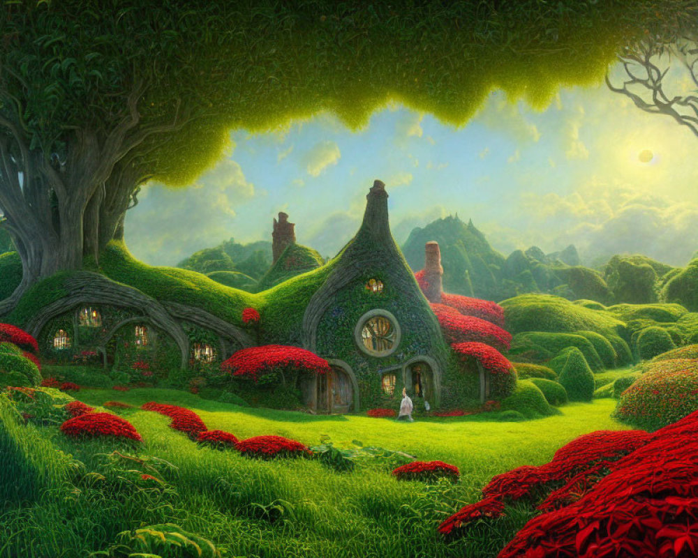 Quaint cottage in lush fantasy landscape with red flowers