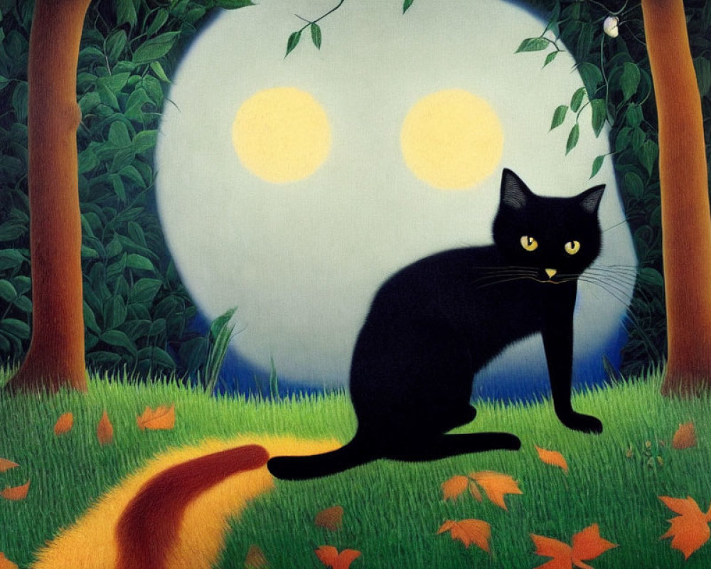 Black cat with yellow eyes in nighttime garden under full moon