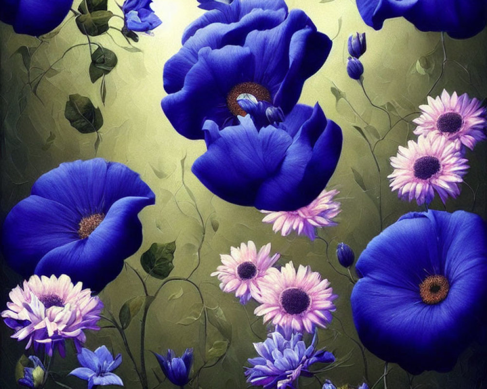 Colorful painting of blue and purple flowers with pink accents on moody backdrop