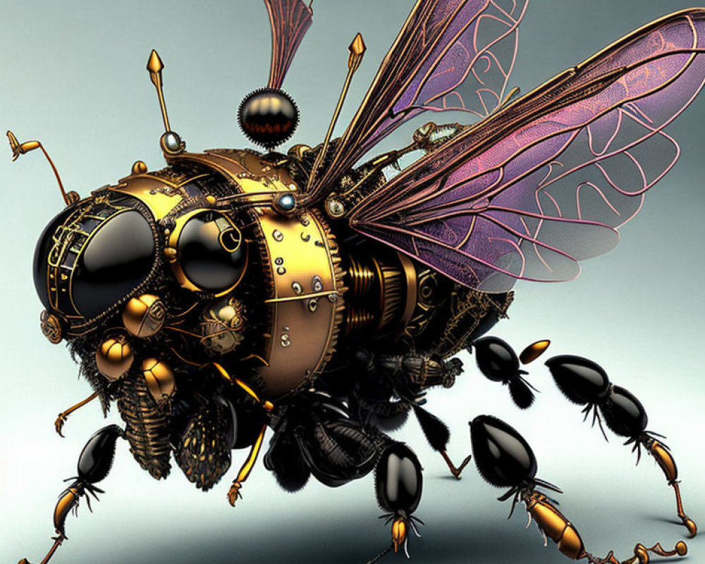 Steampunk-inspired digital artwork featuring a mechanical bee and ant-like robots