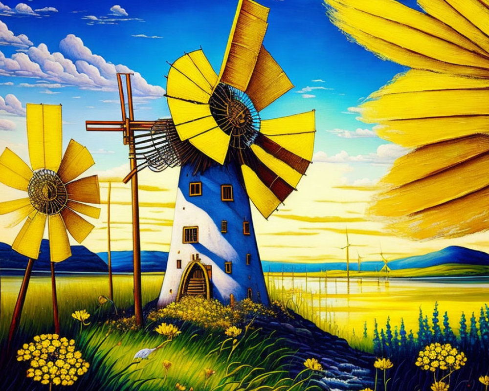 Colorful Windmill Landscape Painting with Yellow Sails and Blue Sky