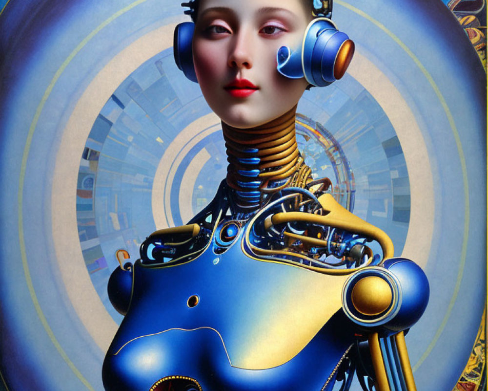 Surreal portrait of robotic woman with intricate mechanical neck against geometric backdrop