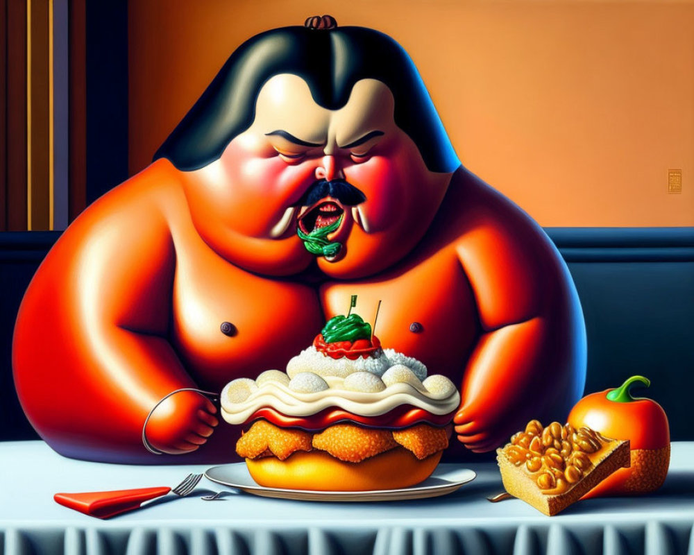 Stylized sumo wrestler figures at dining table with comical expressions