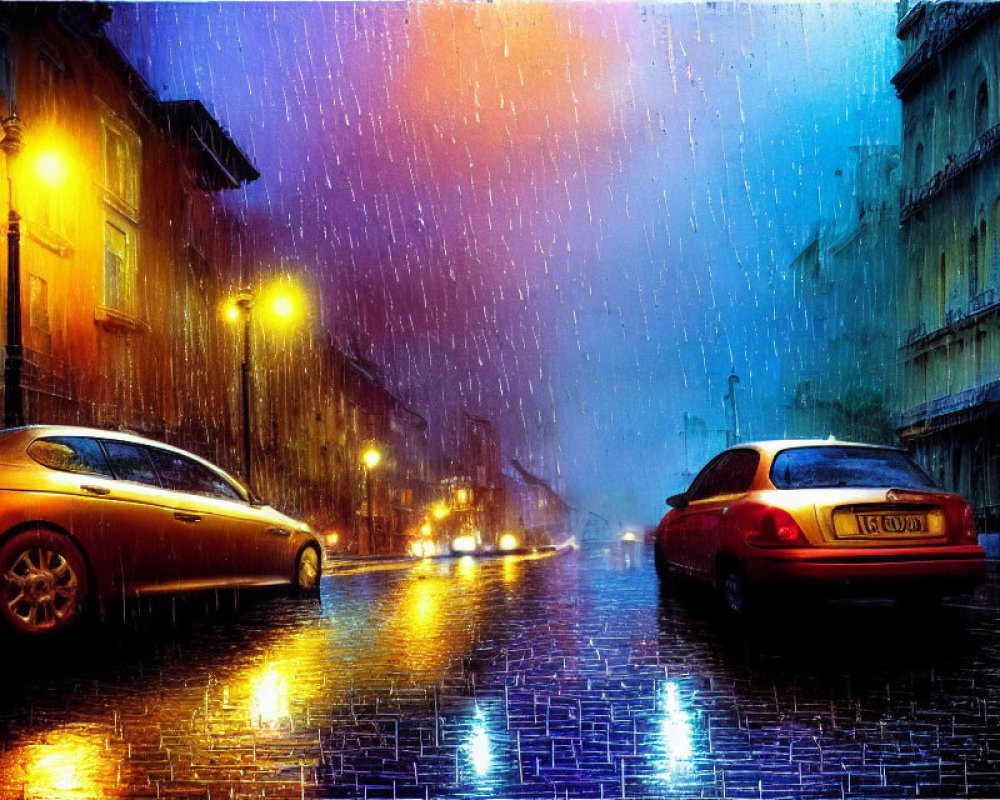 City street at night with colorful reflections on wet pavement in heavy rain