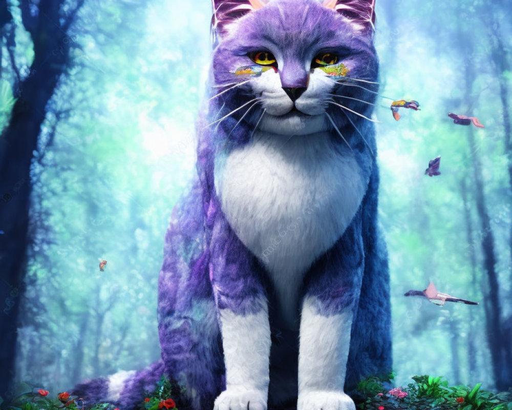 Oversized purple and white cat in mystical blue forest with butterflies