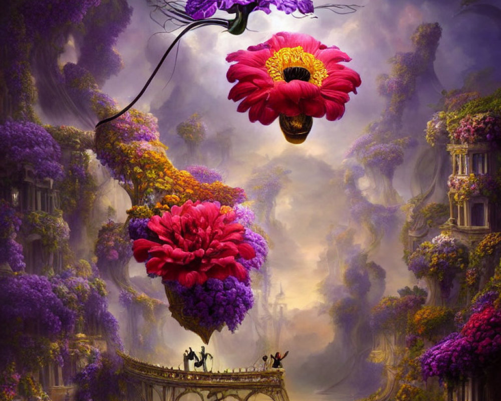 Enchanted forest with oversized colorful flowers, classical architecture, and mystical purple haze