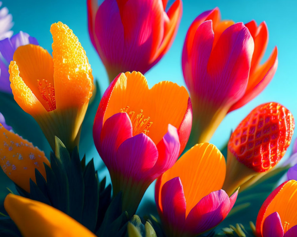 Bright Orange and Pink Tulips in Sunlight on Blue Background