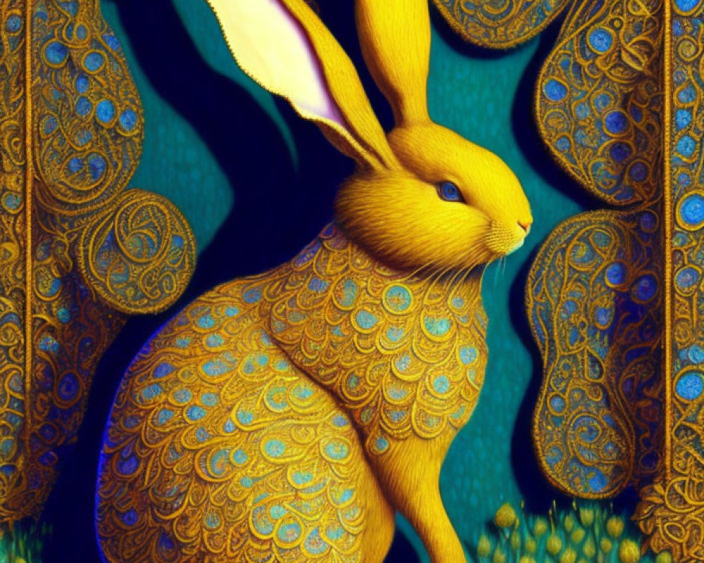 Colorful Golden Rabbit Illustration with Paisley Background