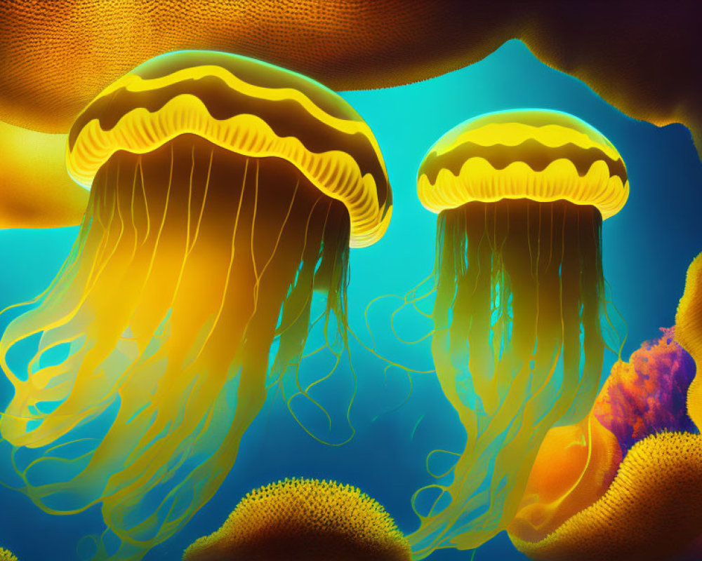 Vibrant yellow jellyfish swimming near coral in deep blue underwater scene