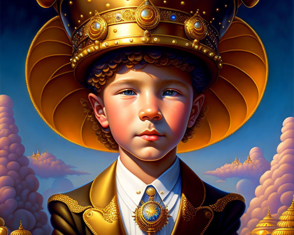 Stylized portrait of young boy in regal attire with celestial motifs