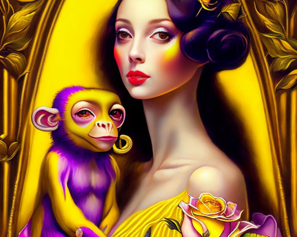 Stylized illustration of woman with monkey and floral elements on golden background